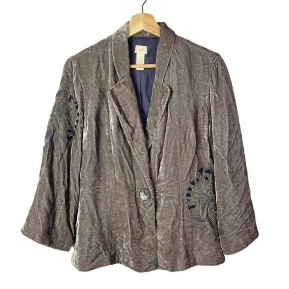 J. Jill Vintage Y2K Brown Crushed Velvet Floral Embroidered Blazer 10 - Picture 1 of 6